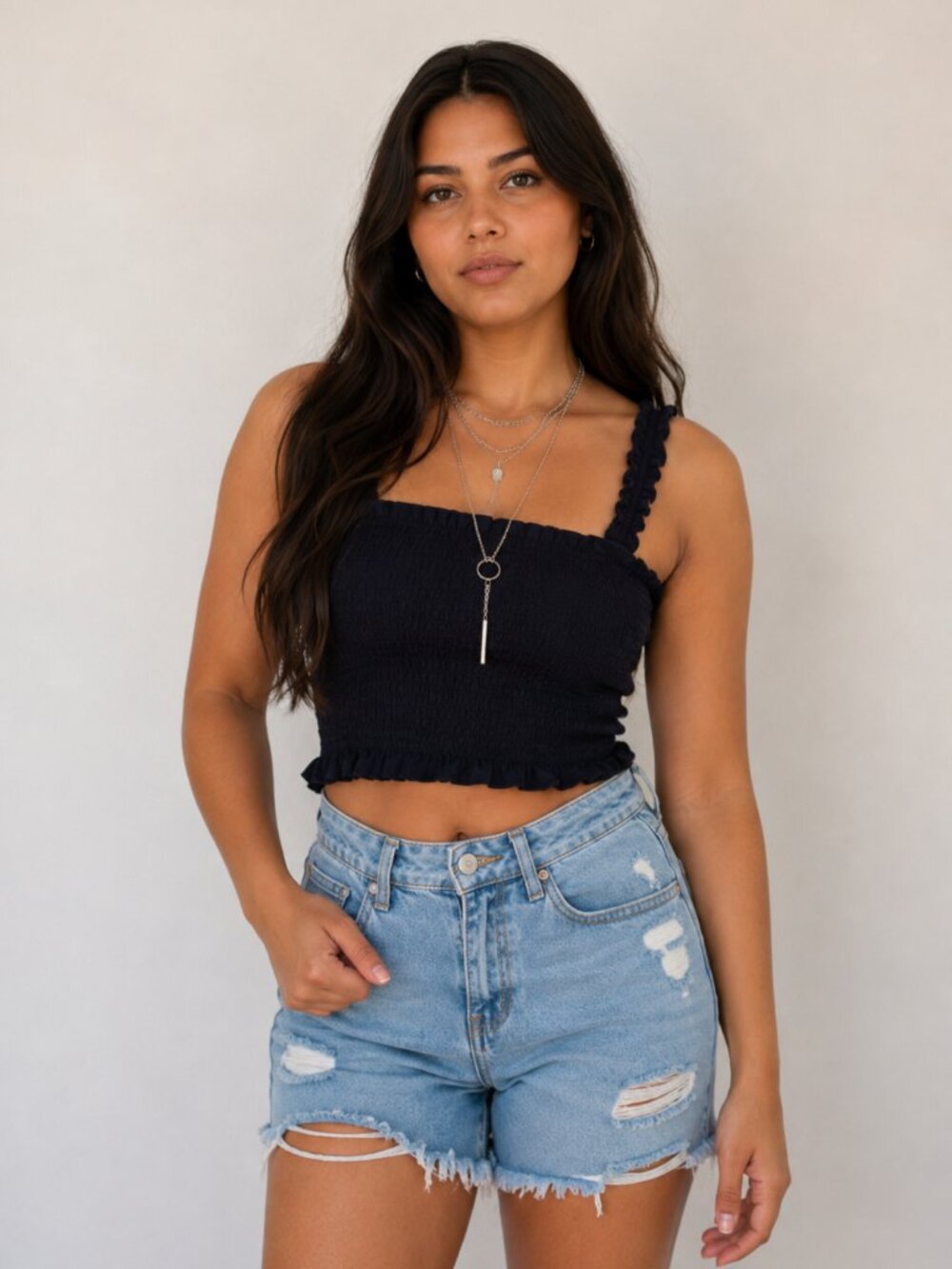 Free People Dark Navy Smocked Festival Crop Tank Top Ruffle Straps Womens Medium